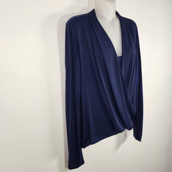White House Black Market Double Layer Surplice Top Navy Long Sleeves Small Wrap - Picture 5 of 9